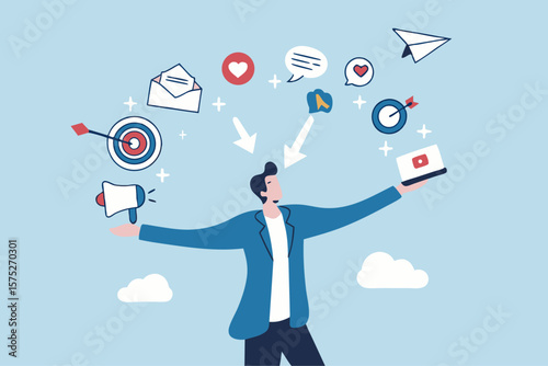 Marketing manager, online advertising, social media content or promotion campaign, customer or consumer target audience, branding communication concept, businessman holding viral marketing elements.