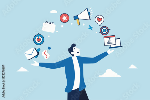 Marketing manager, online advertising, social media content or promotion campaign, customer or consumer target audience, branding communication concept, businessman holding viral marketing elements.