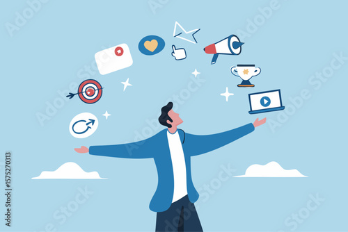 Marketing manager, online advertising, social media content or promotion campaign, customer or consumer target audience, branding communication concept, businessman holding viral marketing elements.