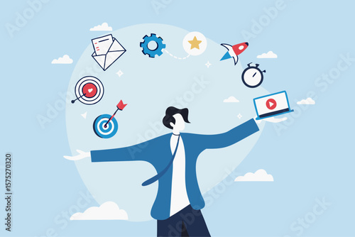 Marketing manager, online advertising, social media content or promotion campaign, customer or consumer target audience, branding communication concept, businessman holding viral marketing elements.