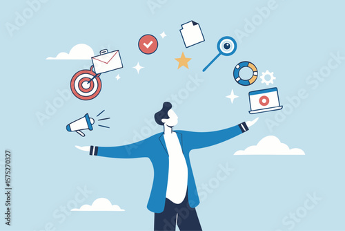 Marketing manager, online advertising, social media content or promotion campaign, customer or consumer target audience, branding communication concept, businessman holding viral marketing elements.