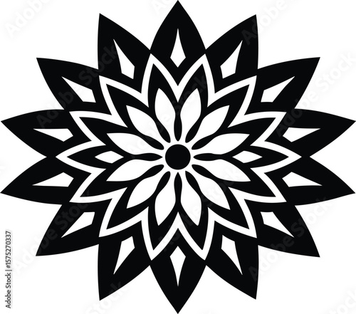 Vector art of a striking black and white geometric floral pattern isolated on a white background.