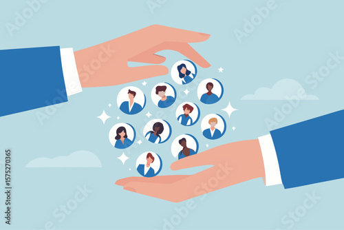 Customer retention, marketing strategy for customer loyalty, employee engagement, recruitment or human resource hiring, consumer care or benefit concept, businessman hand holding customer with care.