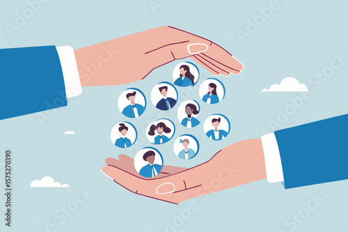Customer retention, marketing strategy for customer loyalty, employee engagement, recruitment or human resource hiring, consumer care or benefit concept, businessman hand holding customer with care.