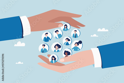 Customer retention, marketing strategy for customer loyalty, employee engagement, recruitment or human resource hiring, consumer care or benefit concept, businessman hand holding customer with care.