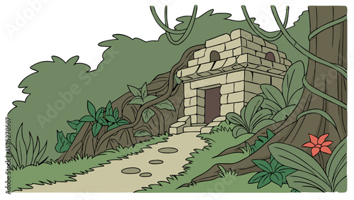 Illustration of a stone temple entrance with a path in a jungle environment with lush vegetation