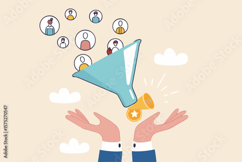 Lead generation gaining customers to convert to sales, marketing funnel conversion rate, advertising analysis concept, hand holding marketing funnel to pull potential customer and convert to sales.
