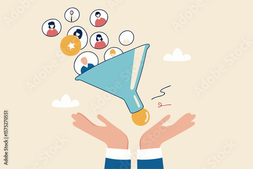 Lead generation gaining customers to convert to sales, marketing funnel conversion rate, advertising analysis concept, hand holding marketing funnel to pull potential customer and convert to sales.