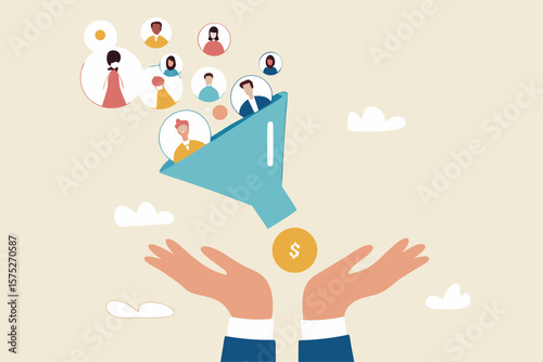 Lead generation gaining customers to convert to sales, marketing funnel conversion rate, advertising analysis concept, hand holding marketing funnel to pull potential customer and convert to sales.