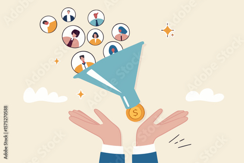 Lead generation gaining customers to convert to sales, marketing funnel conversion rate, advertising analysis concept, hand holding marketing funnel to pull potential customer and convert to sales.
