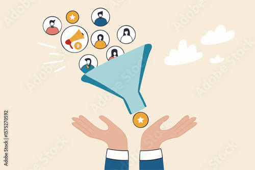 Lead generation gaining customers to convert to sales, marketing funnel conversion rate, advertising analysis concept, hand holding marketing funnel to pull potential customer and convert to sales.