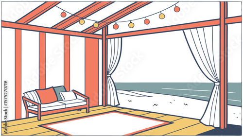 Illustration of a beachside room with a couch, curtains, rug, string lights, and ocean view seen through the window
