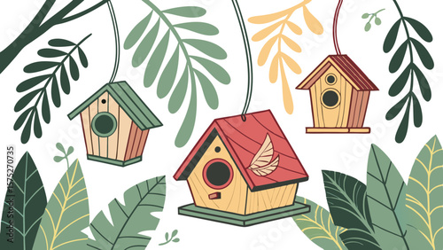 Illustration of three birdhouses hanging from branches amidst lush foliage in a whimsical style art