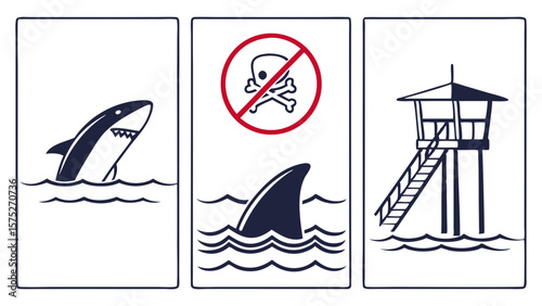 Three framed panels depicting a shark in water, a shark fin with a danger sign, and a lifeguard tower