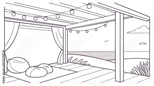 Outline drawing of a beach cabana with beanbag chairs and curtains overlooking the ocean and sky view