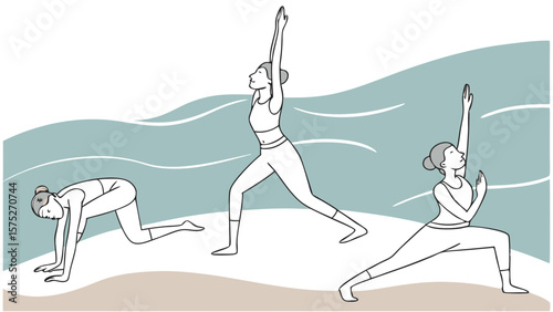 Three women performing yoga poses on a beach with ocean waves in the background in a line art style