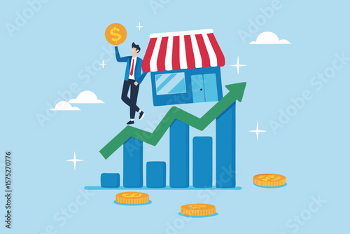 Success small business, entrepreneur growing retail store, marketing growth, business owner or sale and merchandise concept, businessman entrepreneur business owner on growing graph and chart.