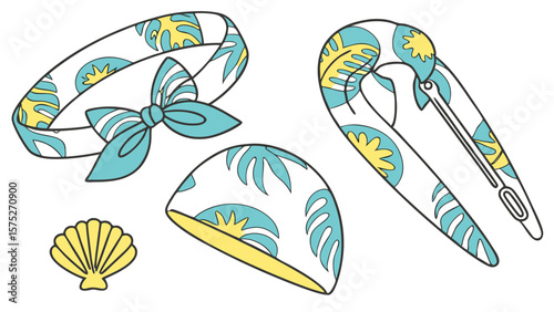 Illustration of a headband with a bow, a seashell, a swim cap, and a hair clip with floral designs