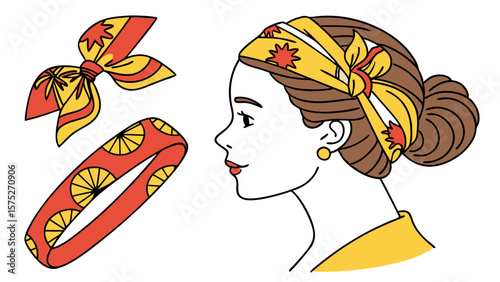 Illustration of a woman with headbands and bow, featuring retro patterns and vintage inspired style