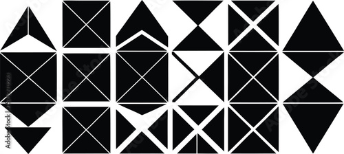 Vector art of a striking geometric pattern composed of black triangles and squares on a white background.