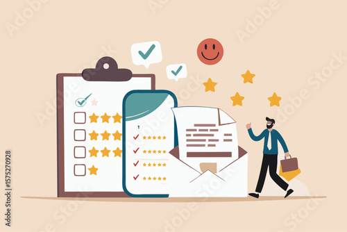 Customer survey, feedback to improve service, online and offline survey, review or poll rating, user satisfaction report or questionnaire concept, man with survey on clipboard paper, mobile and email.