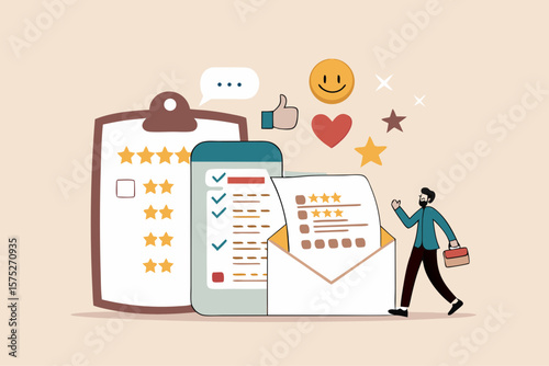 Customer survey, feedback to improve service, online and offline survey, review or poll rating, user satisfaction report or questionnaire concept, man with survey on clipboard paper, mobile and email.