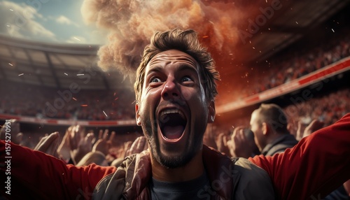 A football fan cheering in the stands