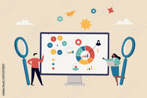 CRM customer relationship management software, marketing communication strategy, client analysis, social listening or interaction concept, business people working on CRM software with information.