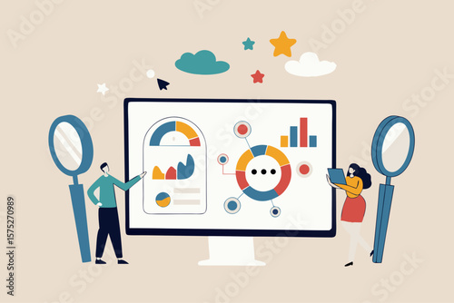 CRM customer relationship management software, marketing communication strategy, client analysis, social listening or interaction concept, business people working on CRM software with information.