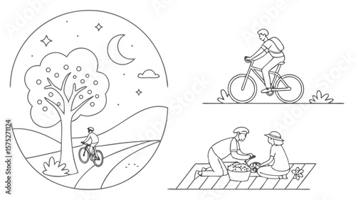 Illustration showing a cyclist in nature, a couple having a picnic, and a cyclist on a path at night