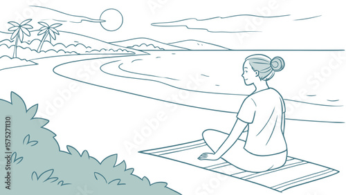 Woman meditating on a mat by the beach with palm trees and mountains in the background under the sun