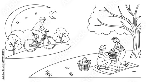 Illustration showing a person riding a bicycle at night and people having a picnic under a tree outdoors