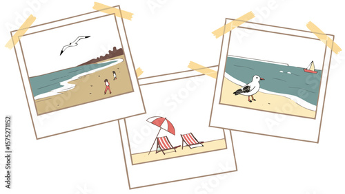 Three beach themed polaroid pictures taped to a white background with beach and vacation imagery