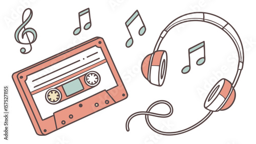 Illustration of a cassette tape, headphones, musical notes and a treble clef on a white background