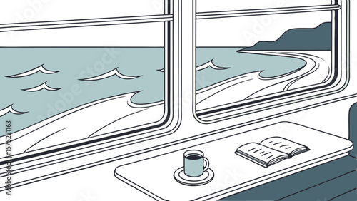View from a train window featuring a book and coffee with ocean and coastline scenery visible outside the train