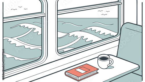 Illustration of a train ride with ocean view, featuring a book and coffee on the table inside the train