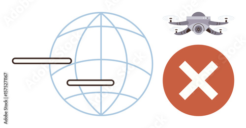Drone hovering near abstract globe with red cross, indicating navigation restrictions. Ideal for no-fly zones, drone regulations, geofencing, privacy, safety, technology policy, simple flat metaphor