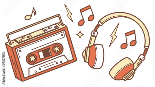 Illustration of a cassette player with a music note and headphones with lightning bolts around it