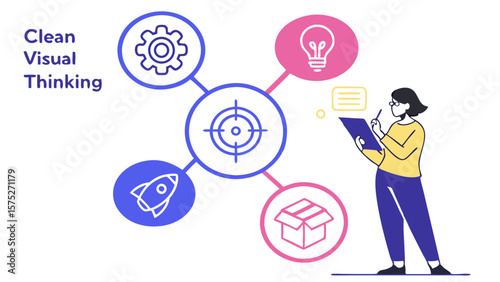 Illustration showing visual thinking process with target, gear, lightbulb, rocket, box and a person writing