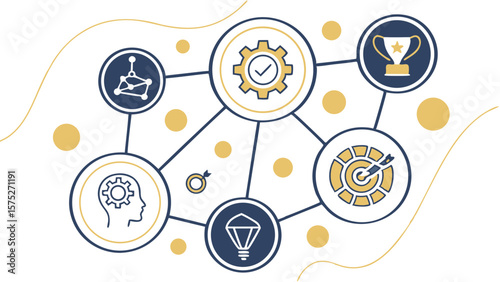 Illustration of a network with icons representing different concepts connected by lines and circles