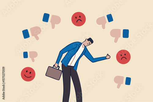Response to negative feedback, dislike or bad customer review rating, handle complaint, business mistake or problem, satisfaction or angry opinion concept, businessman response to negative feedback.