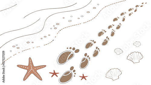 Illustration of footprints on a beach with starfish and seashells near the ocean waves and sand dots