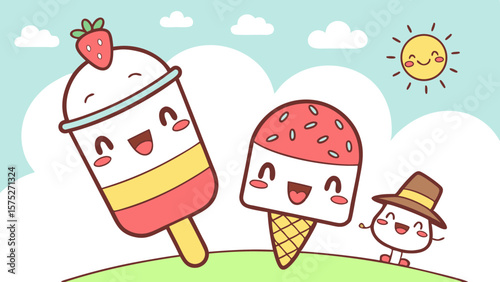 Cartoon illustration of smiling ice cream treats and a mushroom character under a happy sun sky