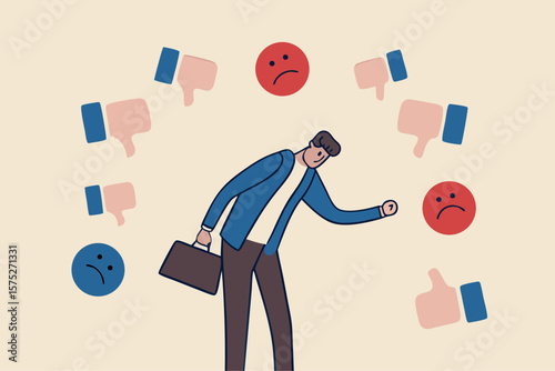 Response to negative feedback, dislike or bad customer review rating, handle complaint, business mistake or problem, satisfaction or angry opinion concept, businessman response to negative feedback.