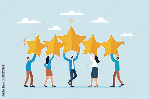 Employee survey, customer feedback rating or performance review, five stars service, best experience or feedback and engagement concept, business people employees holding 5 stars rating feedback.