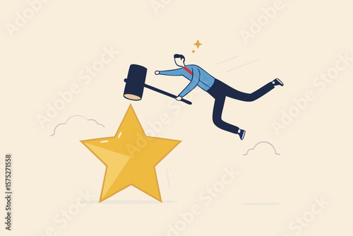 Downgrade credit rating, decrease reputation, trust or score drop, negative feedback, loss credit score or reduction concept, businessman hit star credit rating with big hammer.