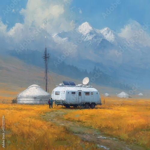In a desert village of Uzbekistan 2030, a mobile clinic uses hologram tech to connect a local doctor with an AI specialist, yurts and solar van in background.