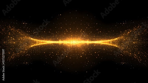Gold glitter particles flowing in a horizontal line on a black background.