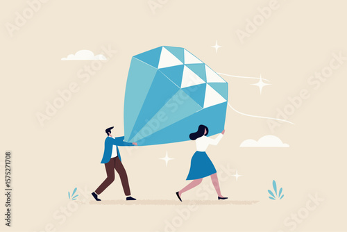 Core value or value proposition, CLV customer lifetime value or company valuation, profit or corporate worth concept, business people employees help carry big valuable diamond.
