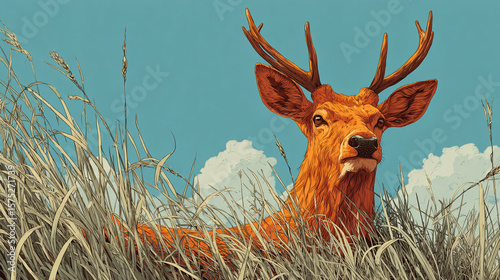 Illustration of a deer with antlers peeking through tall grass against a blue sky backdrop